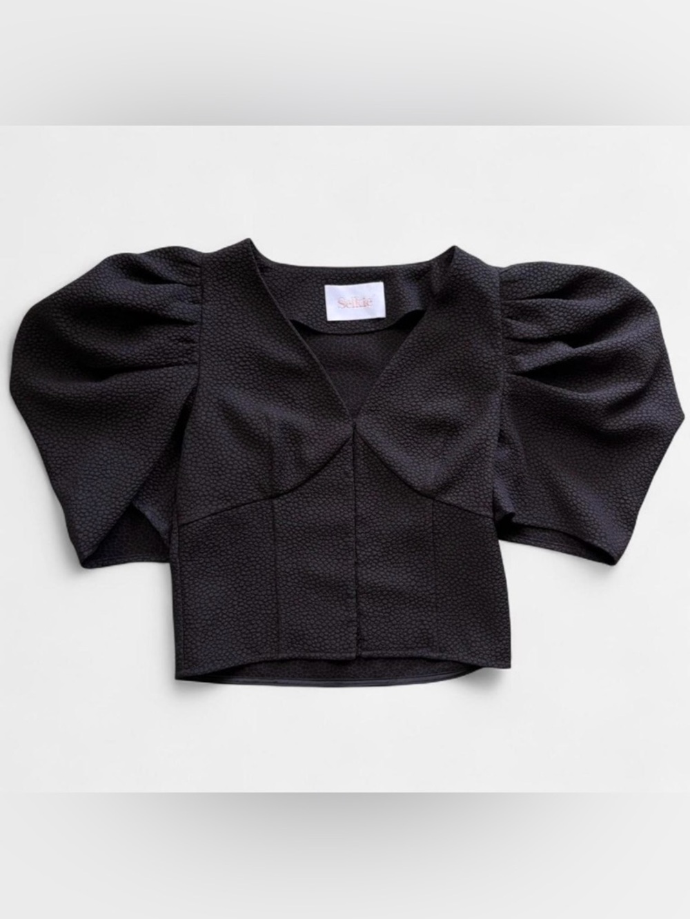 Selkie Black Textured Puff-Sleeve Cropped Top